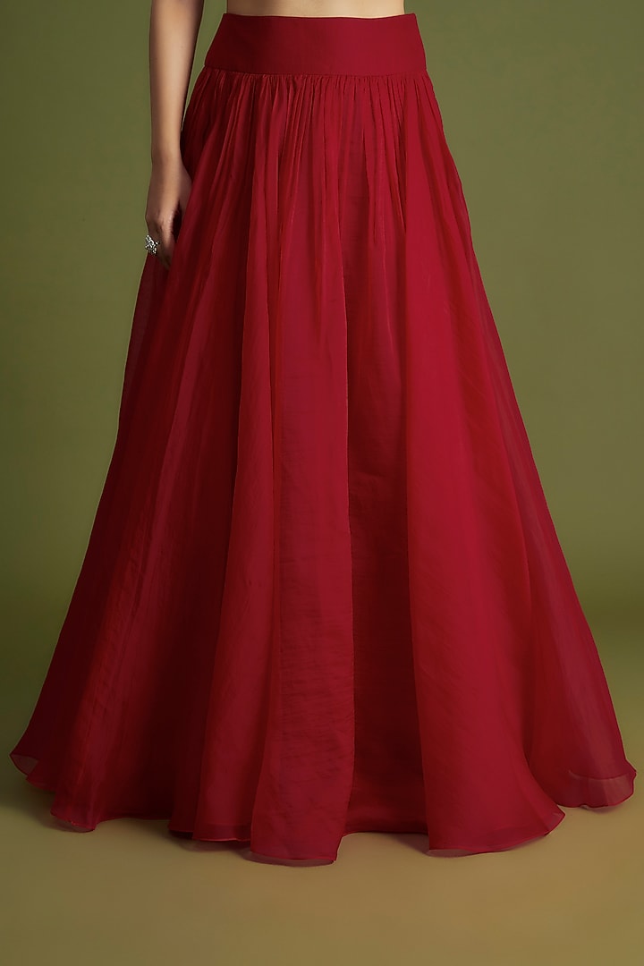 Red Organza Embroidered Jacket Wedding Lehenga Set by Ridhi Mehra at Pernia's Pop Up Shop