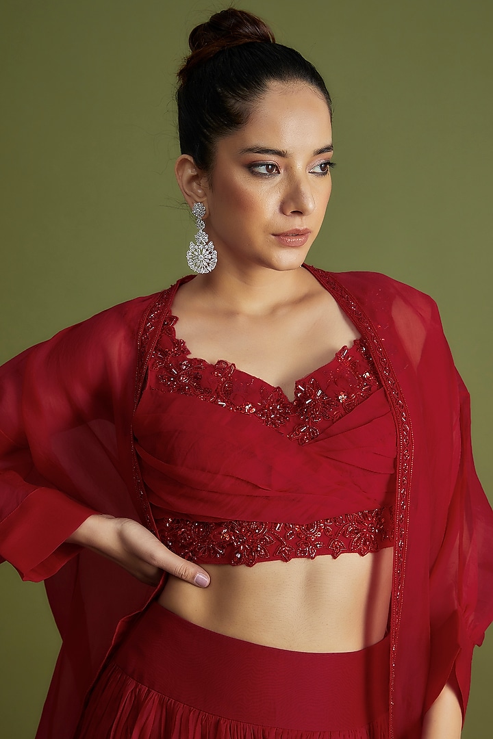 Red Organza Embroidered Jacket Wedding Lehenga Set by Ridhi Mehra at Pernia's Pop Up Shop