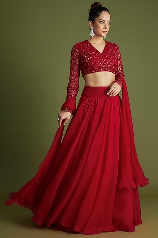 Red Organza Lehenga Set by Ridhi Mehra