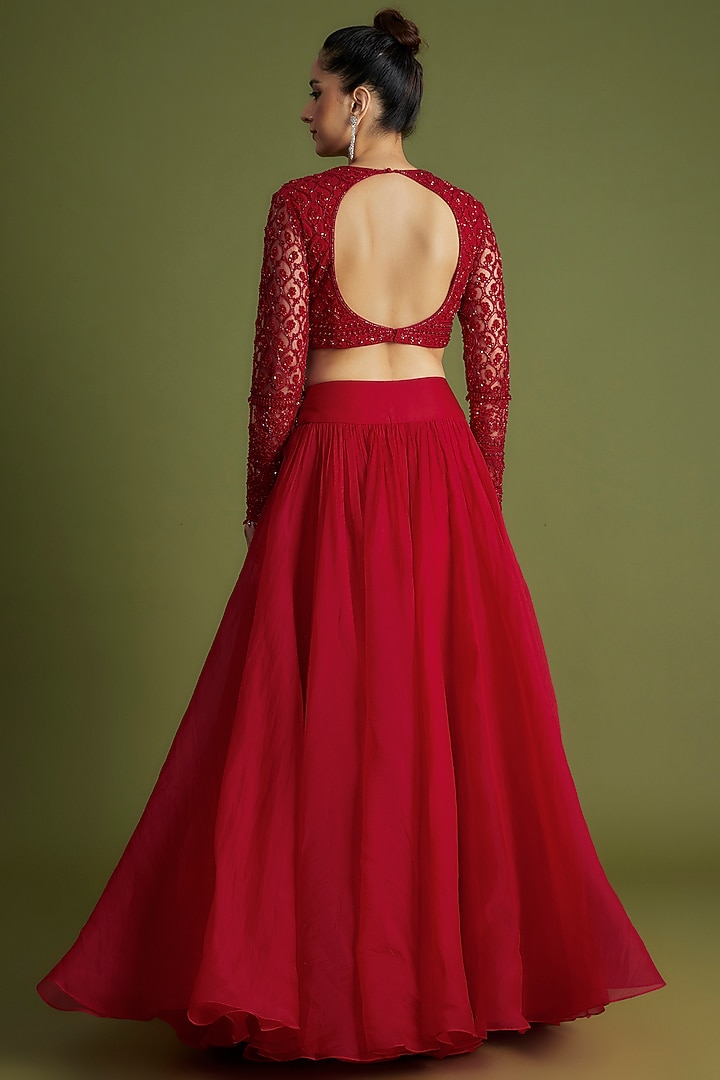 Red Organza Wedding Lehenga Set by Ridhi Mehra at Pernia's Pop Up Shop