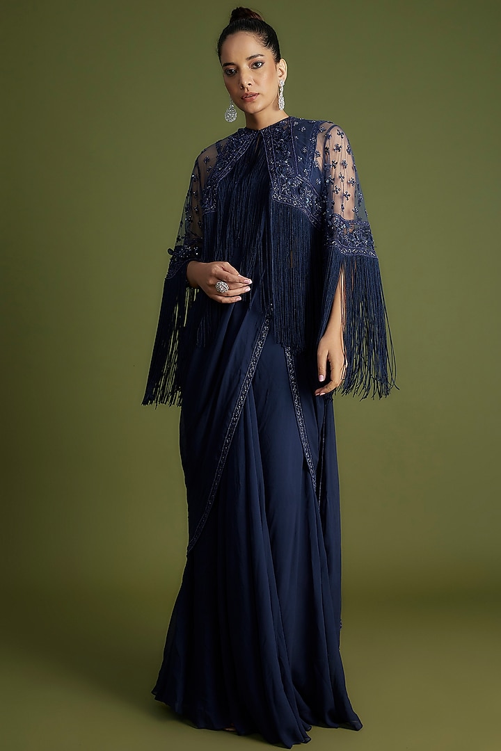 Navy Blue Georgette Embroidered Jacket Saree Set by Ridhi Mehra