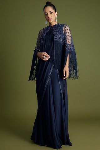Navy Blue Georgette Embroidered Jacket Saree Set by Ridhi Mehra