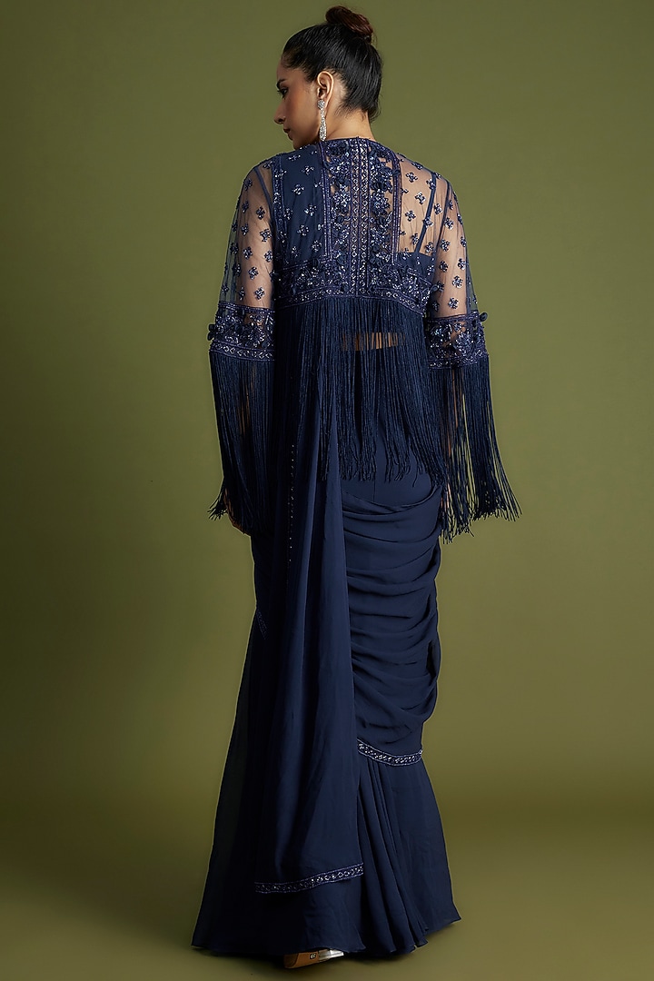 Navy Blue Georgette Embroidered Jacket Reception Saree Set by Ridhi Mehra at Pernia's Pop Up Shop