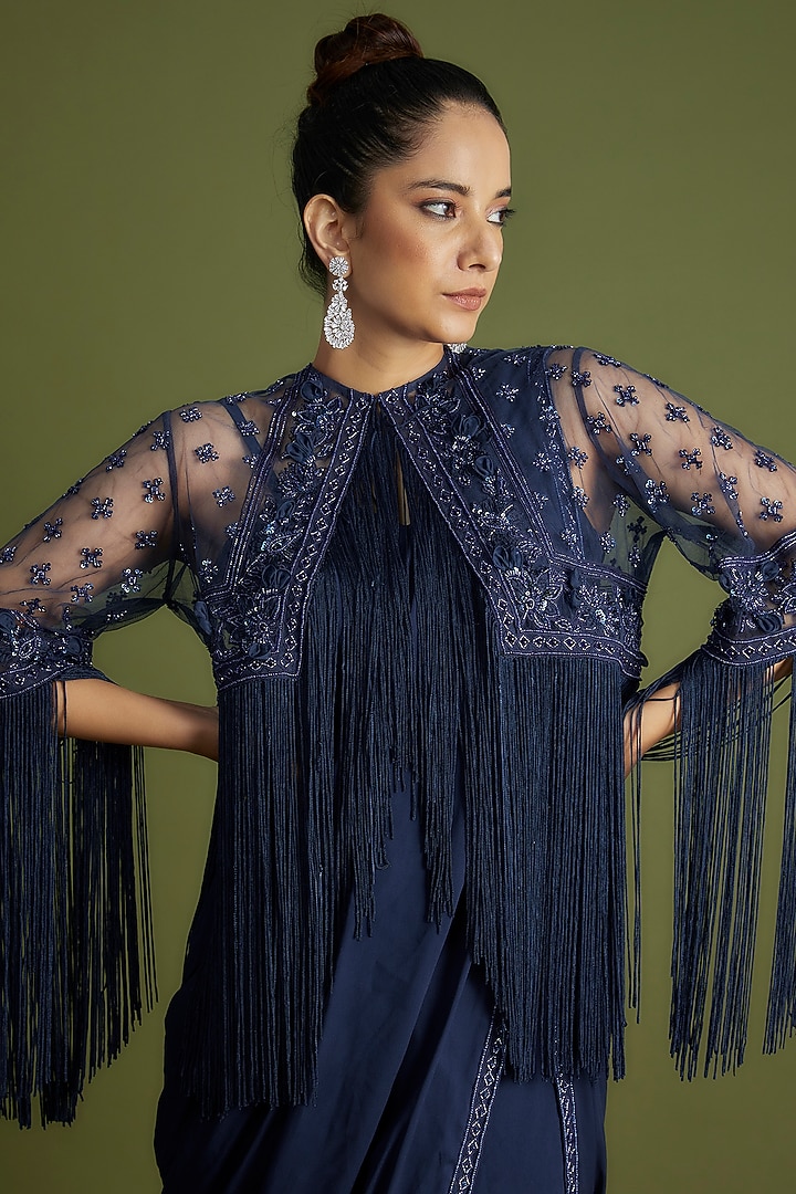 Navy Blue Georgette Embroidered Jacket Reception Saree Set by Ridhi Mehra at Pernia's Pop Up Shop