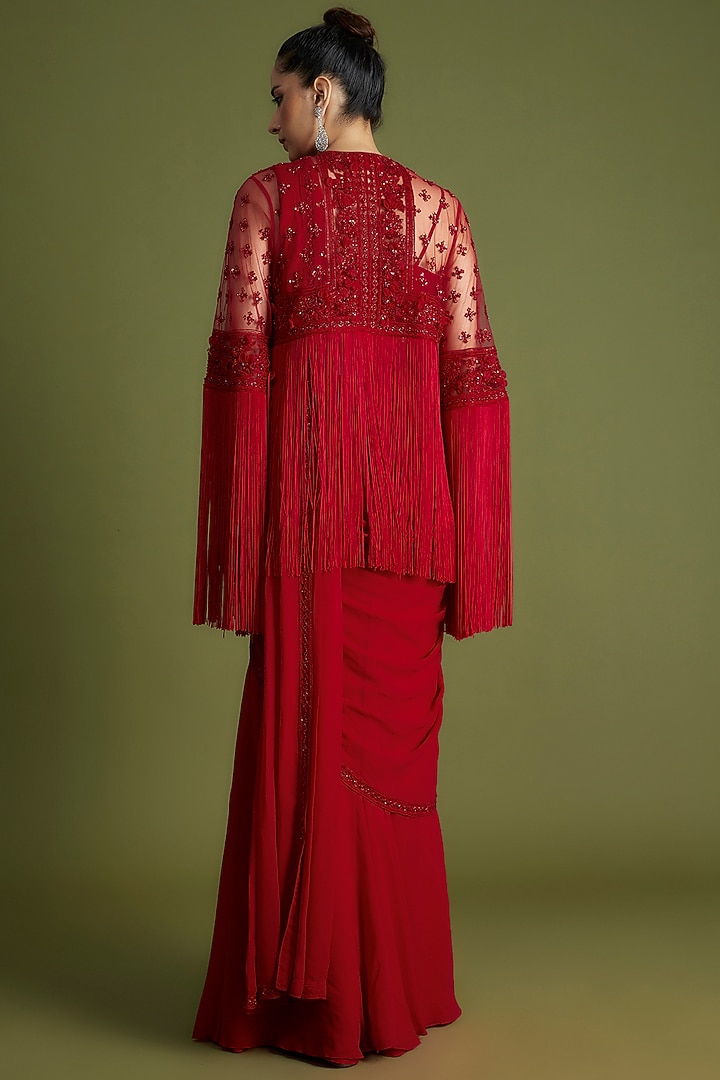 Red Georgette Embroidered Jacket Reception Saree Set by Ridhi Mehra at Pernia's Pop Up Shop
