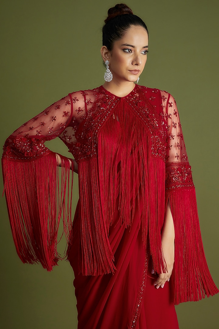 Red Georgette Embroidered Jacket Reception Saree Set by Ridhi Mehra at Pernia's Pop Up Shop