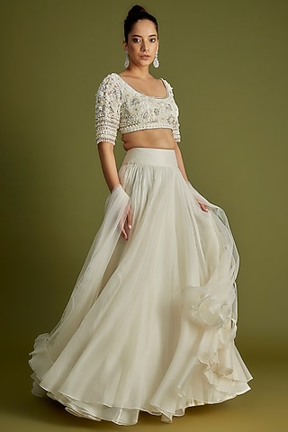 Ivory Organza Lehenga Set by Ridhi Mehra