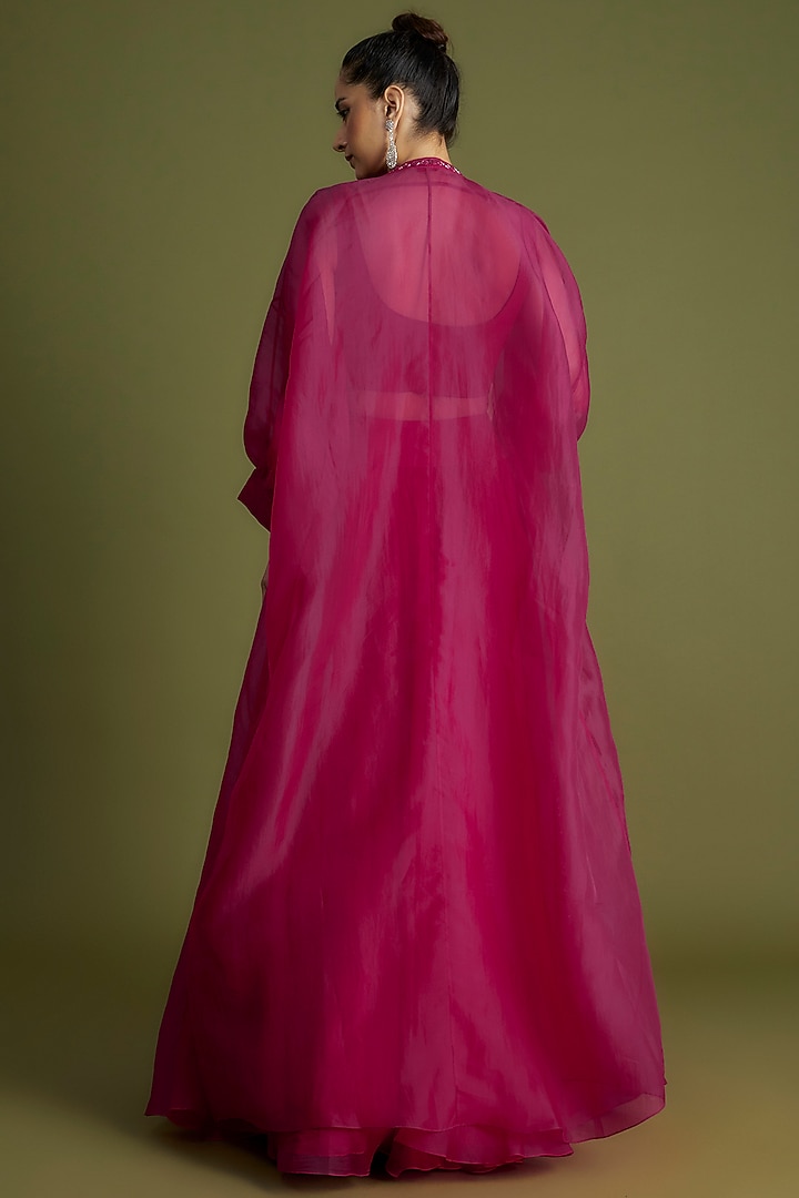 Fuchsia Organza Embroidered Jacket Wedding Lehenga Set by Ridhi Mehra at Pernia's Pop Up Shop