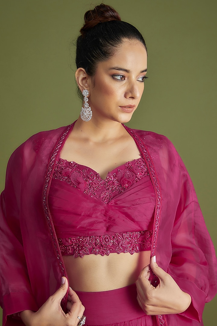 Fuchsia Organza Embroidered Jacket Wedding Lehenga Set by Ridhi Mehra at Pernia's Pop Up Shop