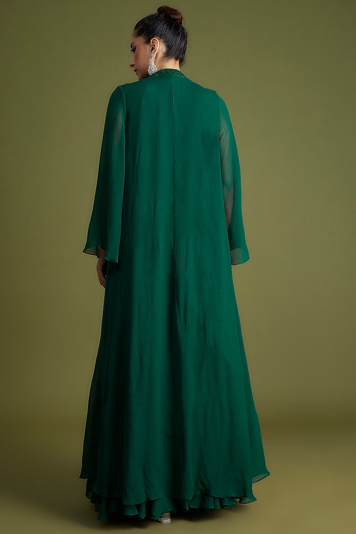 Emerald Green Chiffon Organza Draped Reception Saree Set by Ridhi Mehra at Pernia's Pop Up Shop