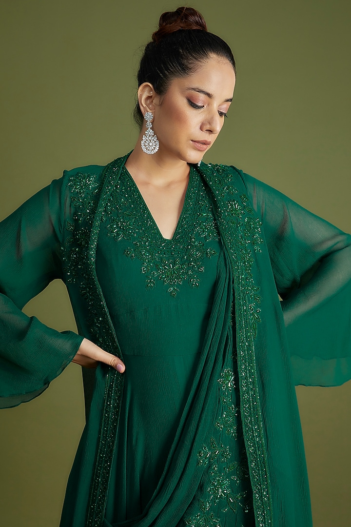 Emerald Green Chiffon Organza Draped Reception Saree Set by Ridhi Mehra at Pernia's Pop Up Shop