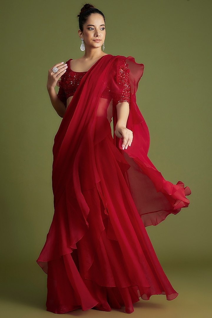 Red Chiffon Organza Draped Saree Set by Ridhi Mehra