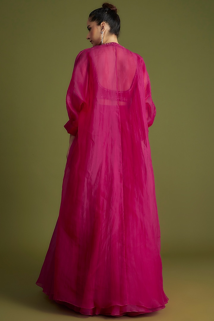 Fuchsia Organza Embroidered Jacket Wedding Lehenga Set by Ridhi Mehra at Pernia's Pop Up Shop