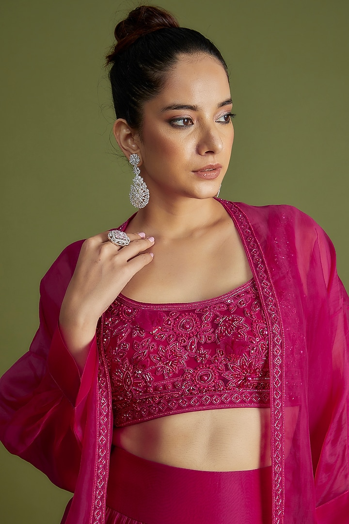 Fuchsia Organza Embroidered Jacket Wedding Lehenga Set by Ridhi Mehra at Pernia's Pop Up Shop
