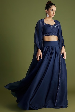 Navy Blue Organza Embroidered Jacket Lehenga Set by Ridhi Mehra