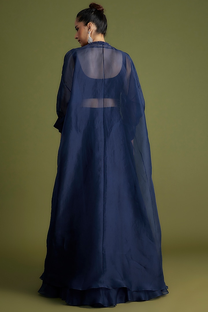 Navy Blue Organza Embroidered Jacket Wedding Lehenga Set by Ridhi Mehra at Pernia's Pop Up Shop