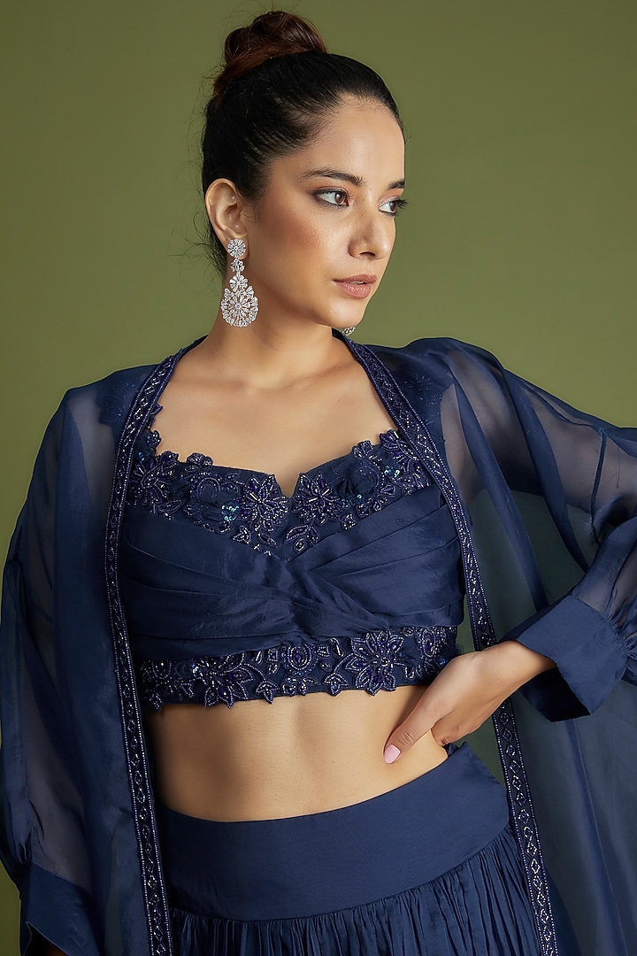 Navy Blue Organza Embroidered Jacket Wedding Lehenga Set by Ridhi Mehra at Pernia's Pop Up Shop