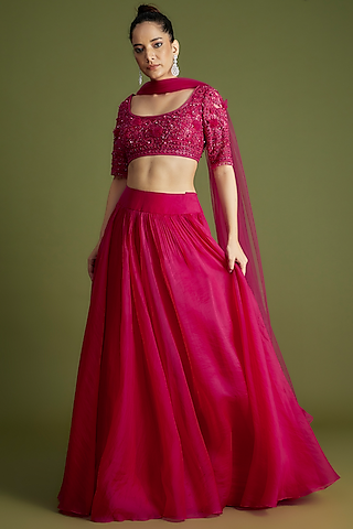 Fuchsia Organza Lehenga Set by Ridhi Mehra