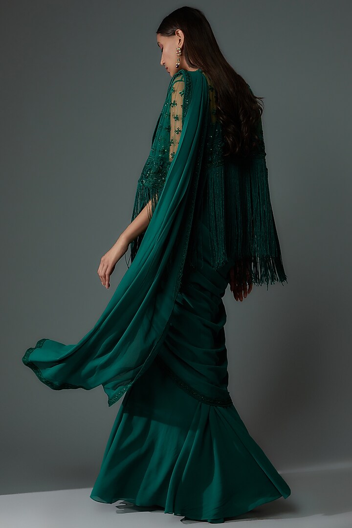 Emerald Green Georgette Embroidered Jacket Reception Saree Set by Ridhi Mehra at Pernia's Pop Up Shop