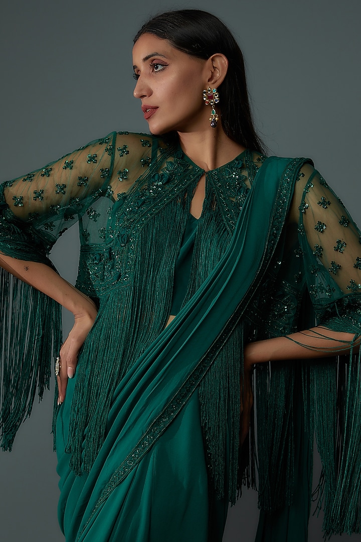 Emerald Green Georgette Embroidered Jacket Reception Saree Set by Ridhi Mehra at Pernia's Pop Up Shop