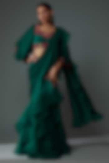 Green Chiffon & Organza Draped Saree Set by Ridhi Mehra