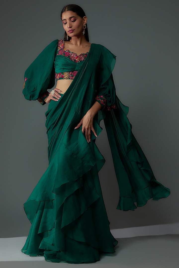 Green Chiffon & Organza Draped Saree Set by Ridhi Mehra