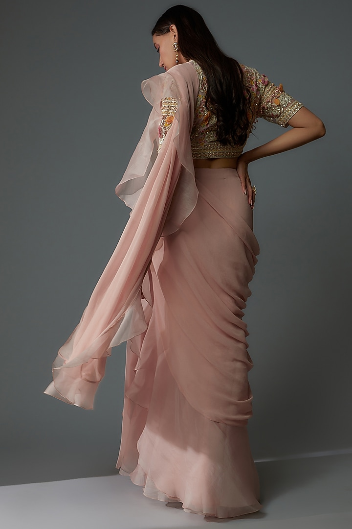 Dusty Pink Chiffon & Organza Draped Reception Saree Set by Ridhi Mehra at Pernia's Pop Up Shop