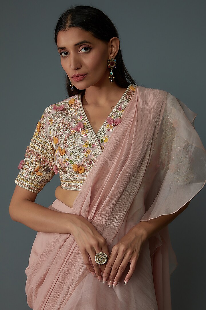 Dusty Pink Chiffon & Organza Draped Reception Saree Set by Ridhi Mehra at Pernia's Pop Up Shop