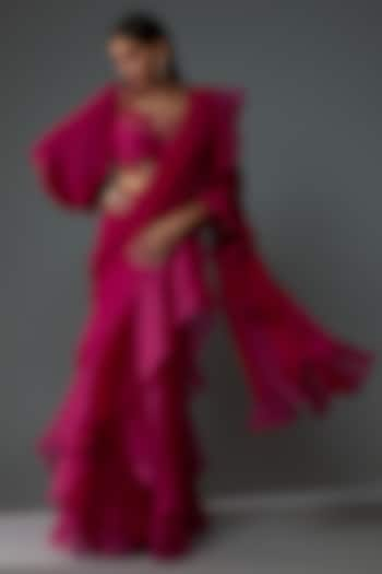 Fuchsia Chiffon & Organza Draped Saree Set by Ridhi Mehra at Pernia's Pop Up Shop