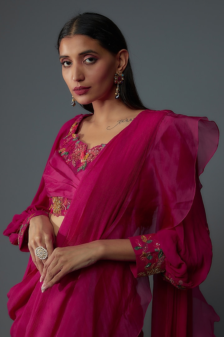 Fuchsia Chiffon & Organza Draped Reception Saree Set by Ridhi Mehra at Pernia's Pop Up Shop