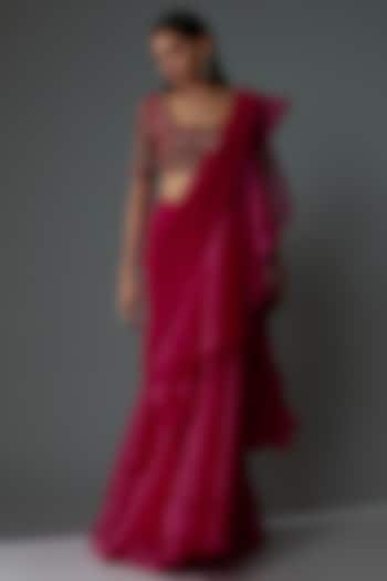 Fuchsia Chiffon & Organza Draped Saree Set by Ridhi Mehra at Pernia's Pop Up Shop