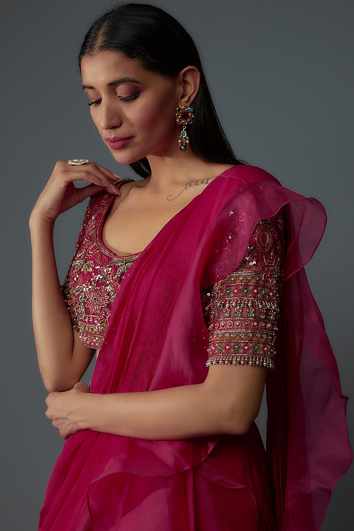 Fuchsia Chiffon & Organza Draped Reception Saree Set by Ridhi Mehra at Pernia's Pop Up Shop