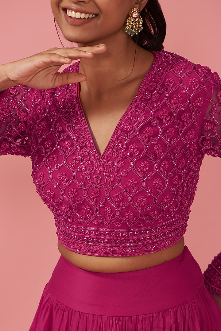 Fuchsia Organza & Net Wedding Lehenga Set by Ridhi Mehra at Pernia's Pop Up Shop