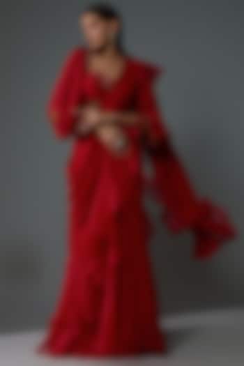Red Chiffon & Organza Draped Saree Set by Ridhi Mehra