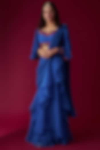 Blue Chiffon Organza Draped Saree Set by Ridhi Mehra at Pernia's Pop Up Shop