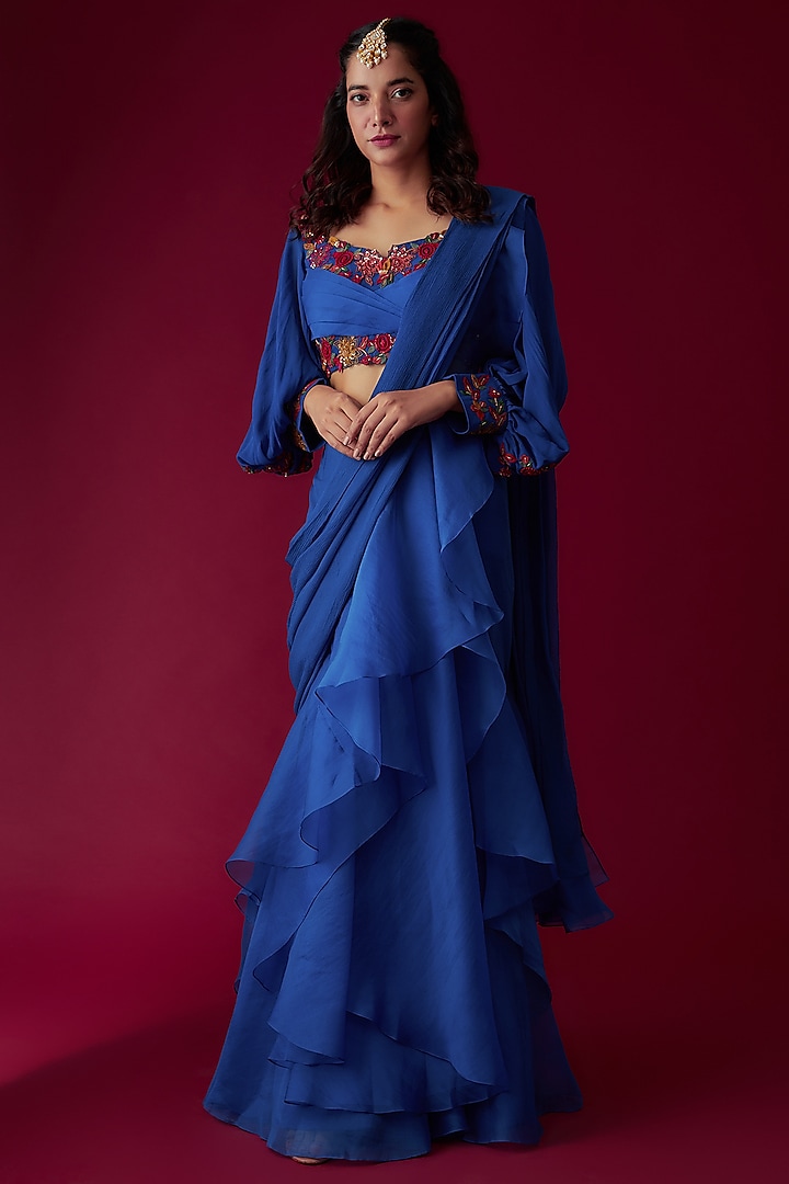 Blue Chiffon Organza Draped Saree Set by Ridhi Mehra at Pernia's Pop Up Shop