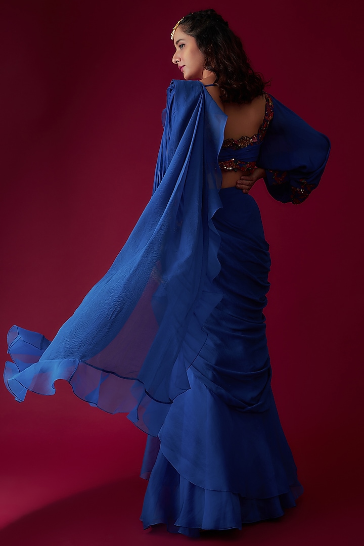 Blue Chiffon Organza Draped Reception Saree Set by Ridhi Mehra at Pernia's Pop Up Shop