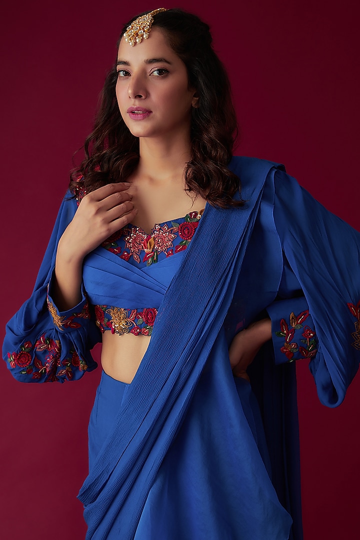 Blue Chiffon Organza Draped Reception Saree Set by Ridhi Mehra at Pernia's Pop Up Shop