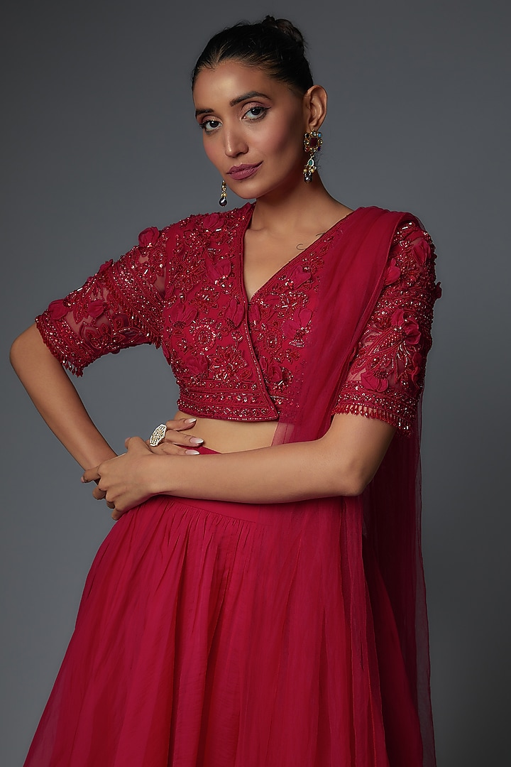 Red Organza Wedding Lehenga Set by Ridhi Mehra at Pernia's Pop Up Shop