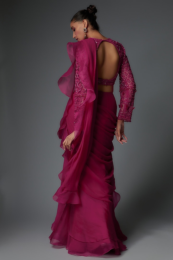 Deep Fuchsia Organza & Chiffon Draped Reception Saree Set by Ridhi Mehra at Pernia's Pop Up Shop