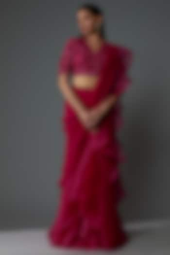 Red Organza & Chiffon Draped Saree Set by Ridhi Mehra at Pernia's Pop Up Shop