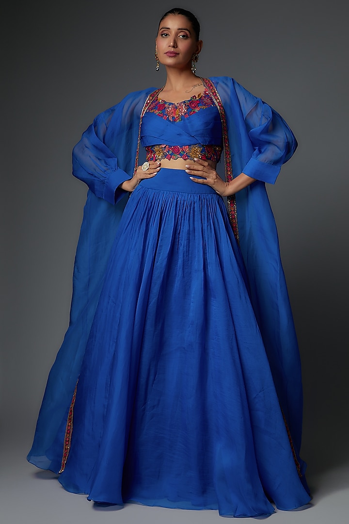 Royal Blue Georgette Jacket Wedding Lehenga Set by Ridhi Mehra at Pernia's Pop Up Shop