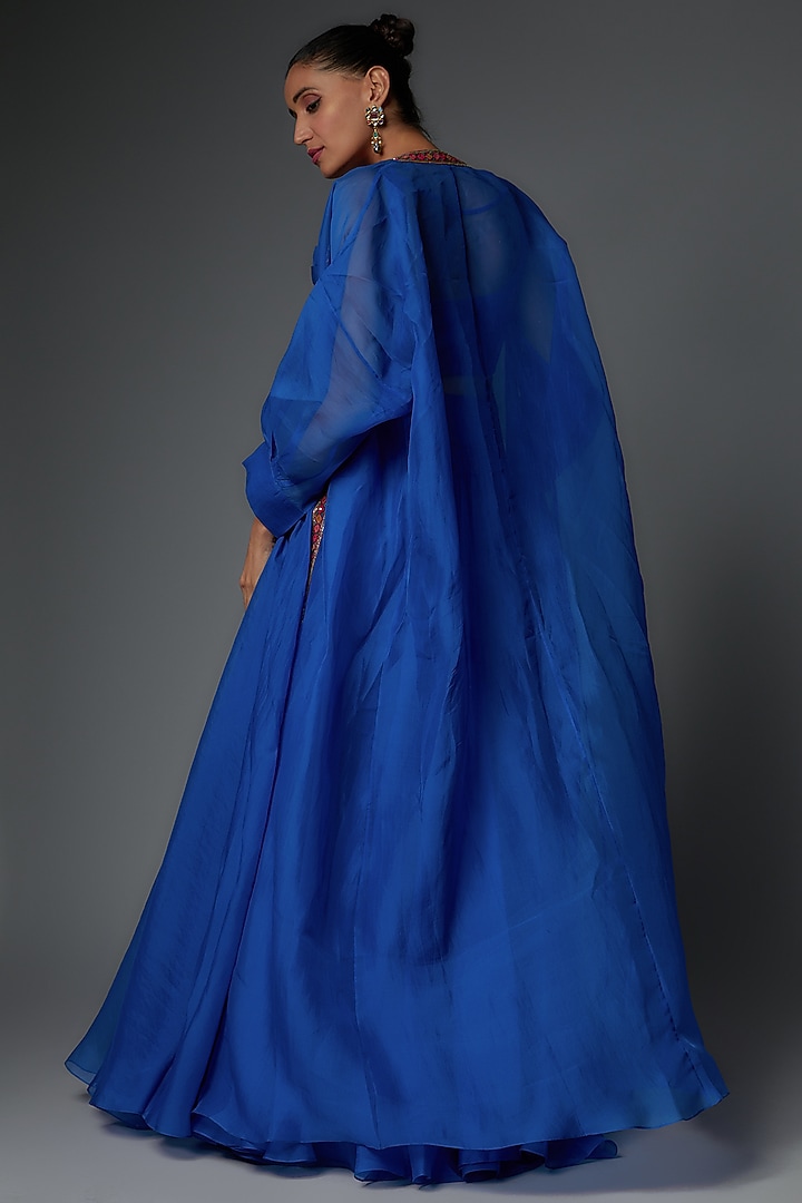 Royal Blue Georgette Jacket Wedding Lehenga Set by Ridhi Mehra at Pernia's Pop Up Shop