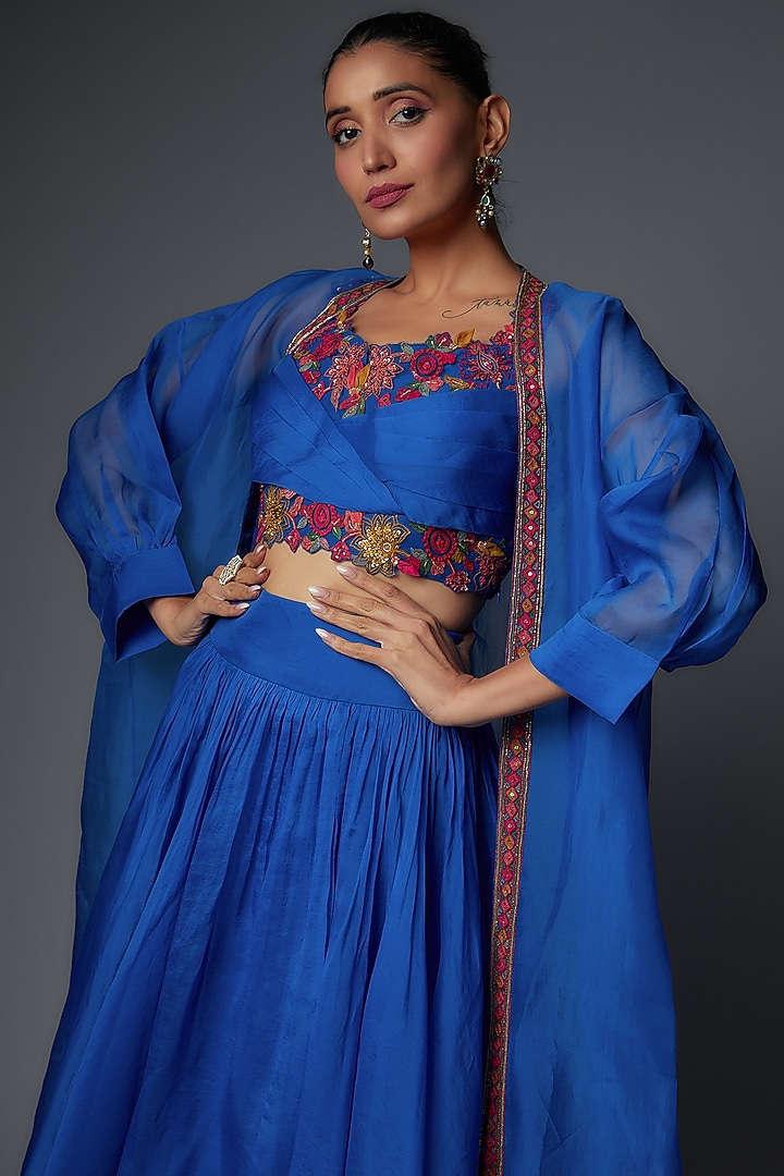 Royal Blue Georgette Jacket Wedding Lehenga Set by Ridhi Mehra at Pernia's Pop Up Shop