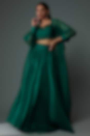 Emerald Green Chiffon & Organza Jacket Lehenga Set by Ridhi Mehra