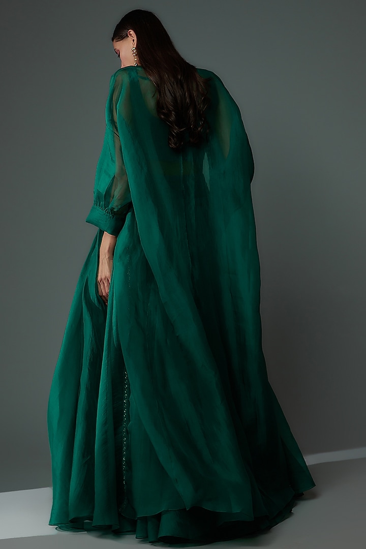 Emerald Green Chiffon & Organza Jacket Wedding Lehenga Set by Ridhi Mehra at Pernia's Pop Up Shop