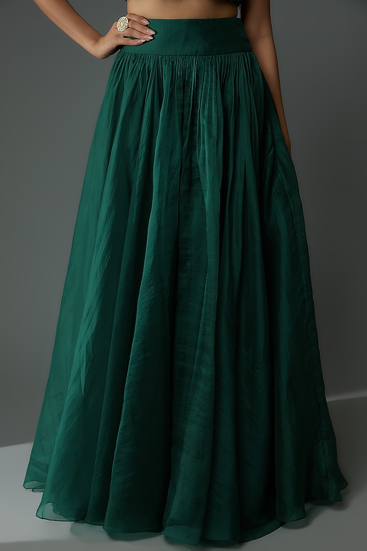 Emerald Green Chiffon & Organza Jacket Wedding Lehenga Set by Ridhi Mehra at Pernia's Pop Up Shop