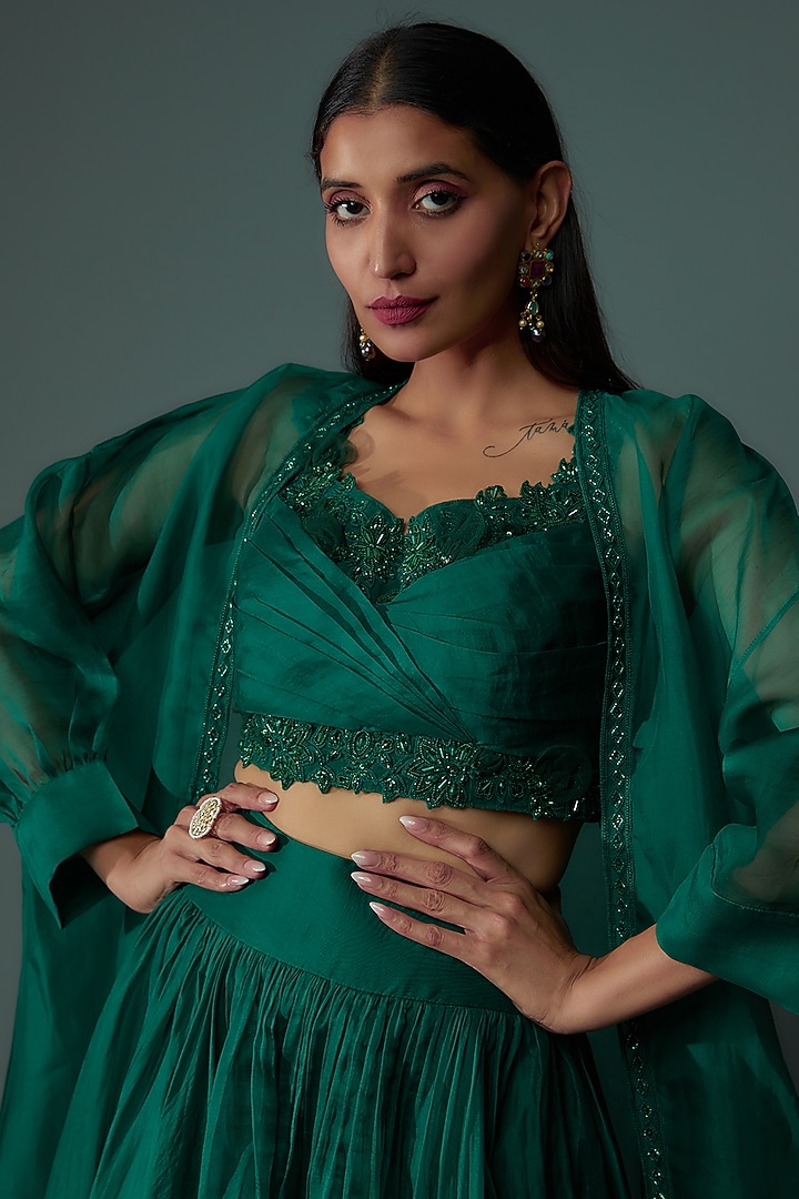 Emerald Green Chiffon & Organza Jacket Wedding Lehenga Set by Ridhi Mehra at Pernia's Pop Up Shop