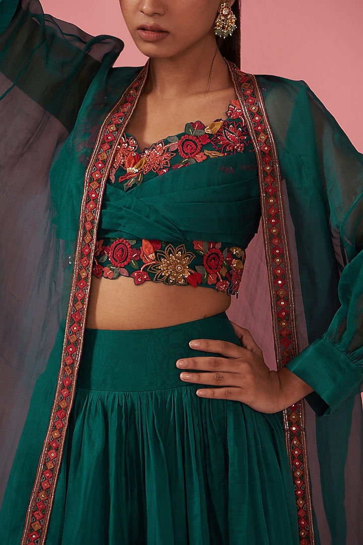 Emerald Green Georgette Jacket Wedding Lehenga Set by Ridhi Mehra at Pernia's Pop Up Shop