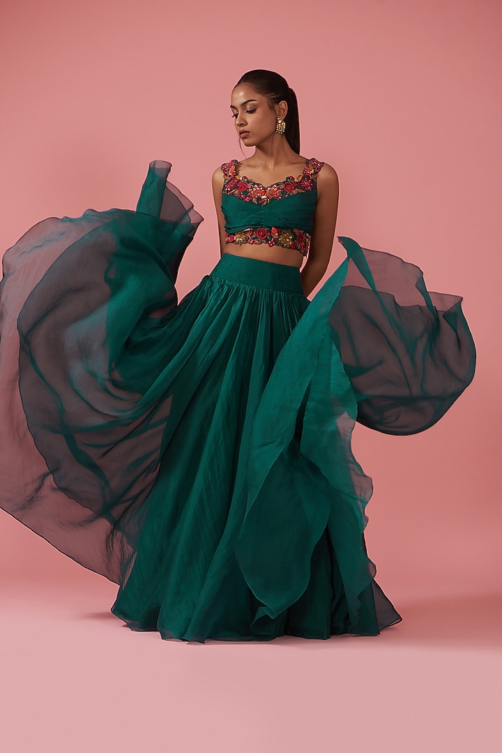 Emerald Green Georgette Jacket Wedding Lehenga Set by Ridhi Mehra at Pernia's Pop Up Shop